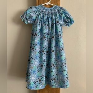 Smocked Giraffe Green Blue Polka Dot Dress Bishop Puff Sleeve Cotton Blend Sz 3T
